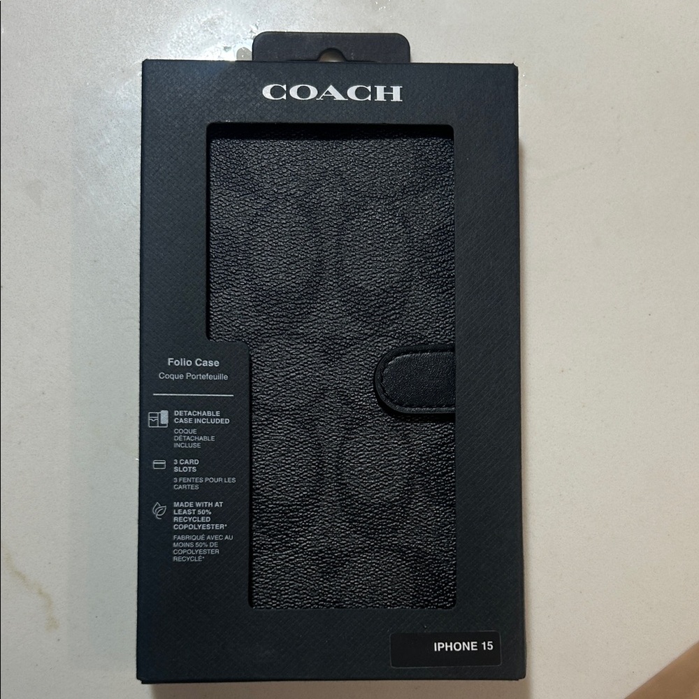 Coach Textured Black Folio Case for iPhone 15